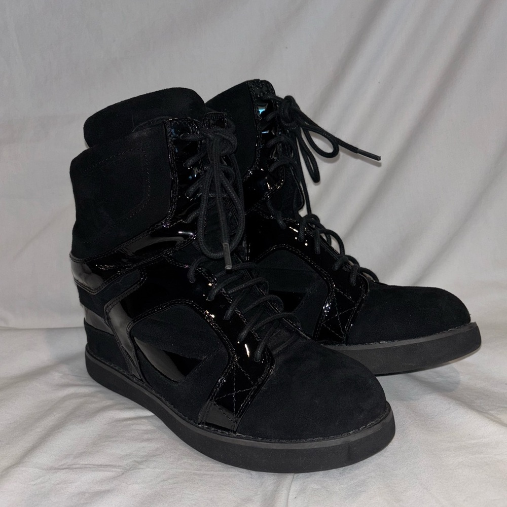 Jeffrey Campbell Hidden Wedge Heel Black Suede With Patent Accents Lace-Up